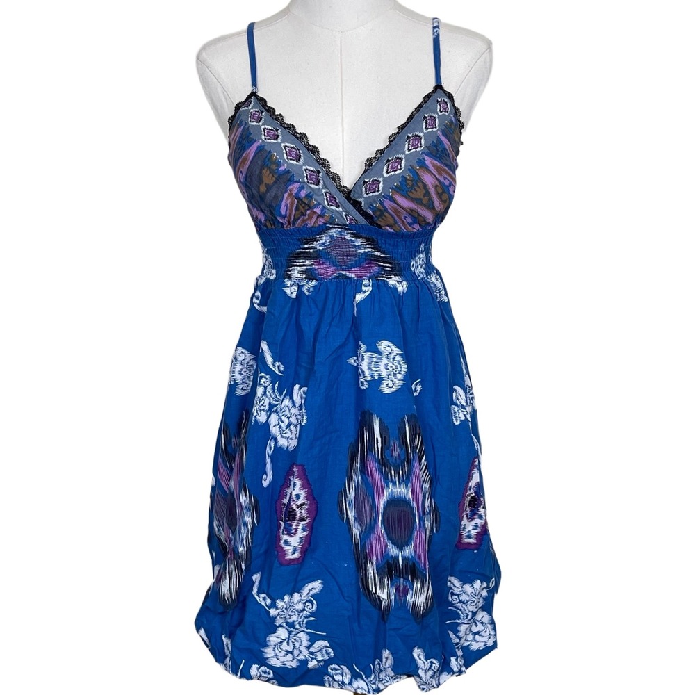 Vintage She's Cool Mini Dress Womens M Blue Ikat Print Bubble Hem Lace Trim Y2K